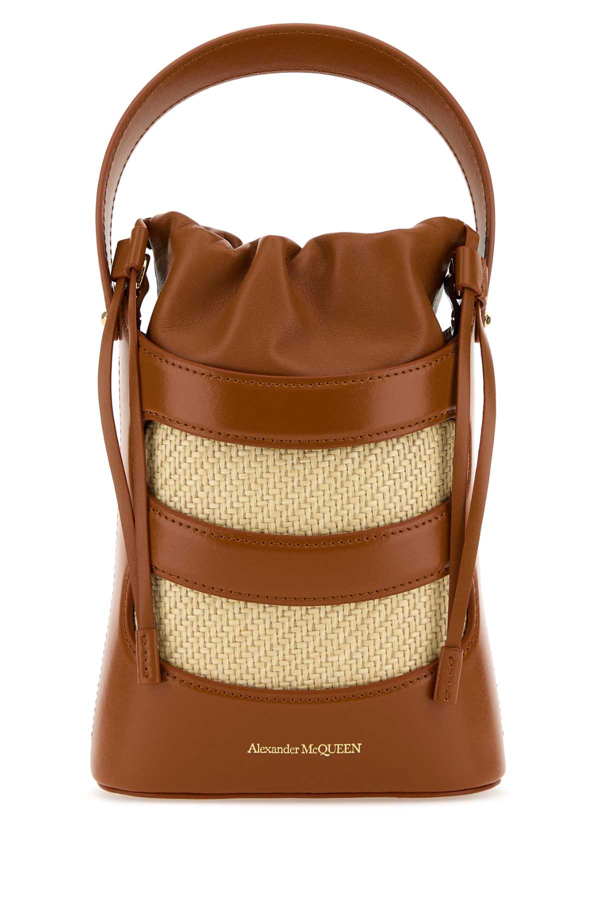 Alexander McQueen Two-Tone Leather And Raffia Mini The Rise Bucket Bag Tannatural Borse A Secchiello – Women