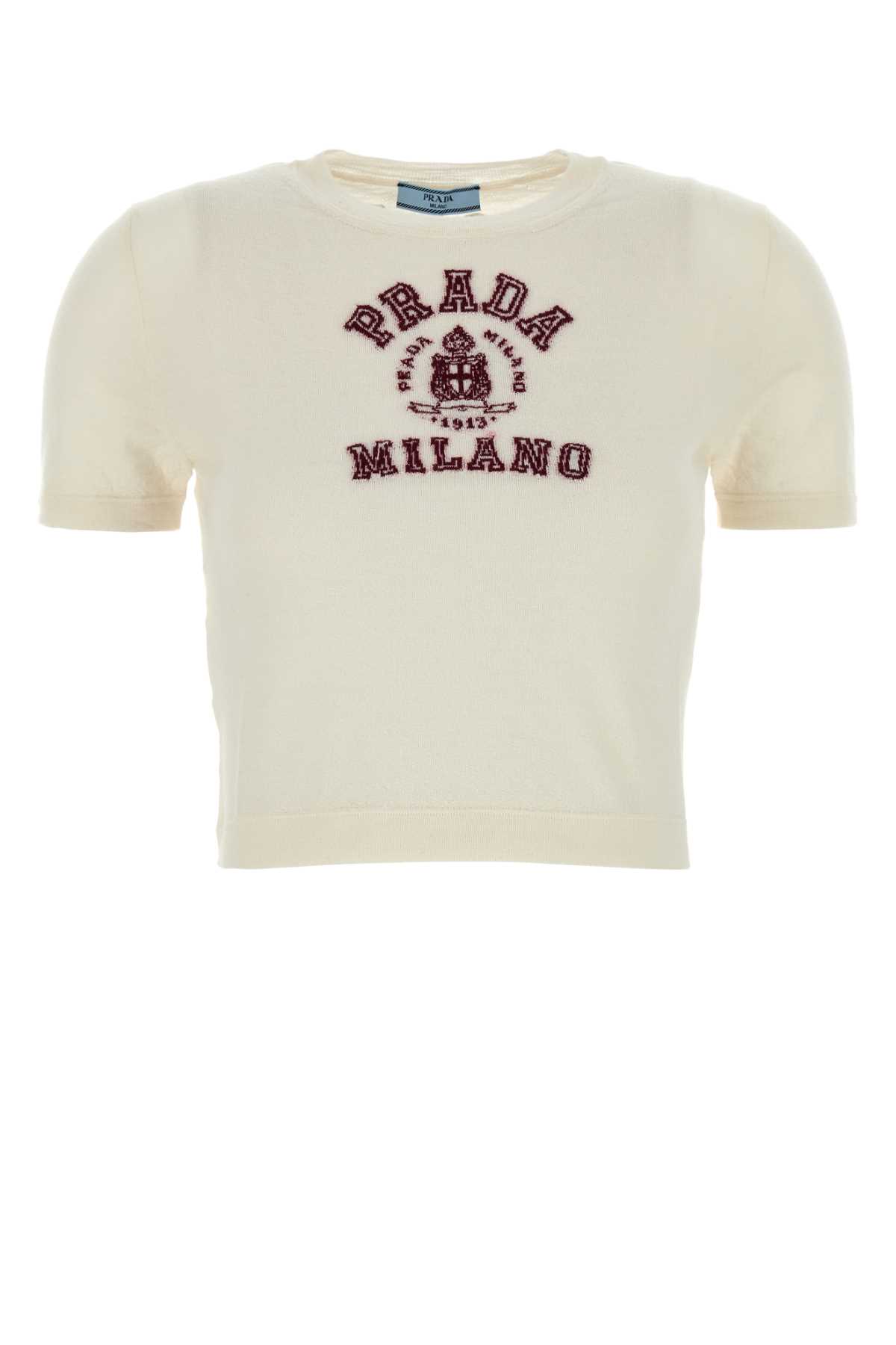 Prada Ivory Cashmere Sweater Bianco+amaranto Maglieria – Women