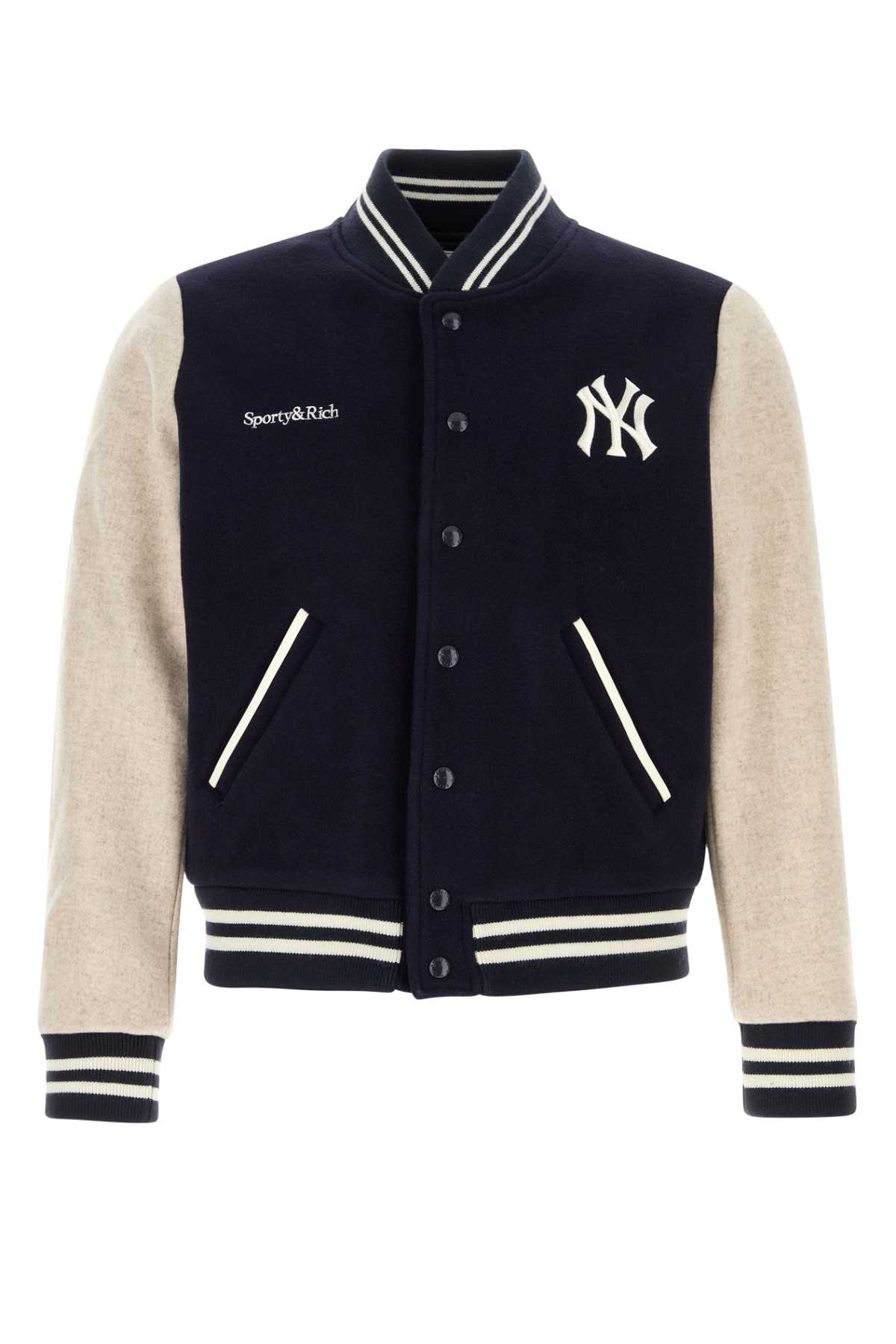 Sporty & Rich Dark Blue Wool Blend Bomber Jacket Darknavyecru Giubbini - Men