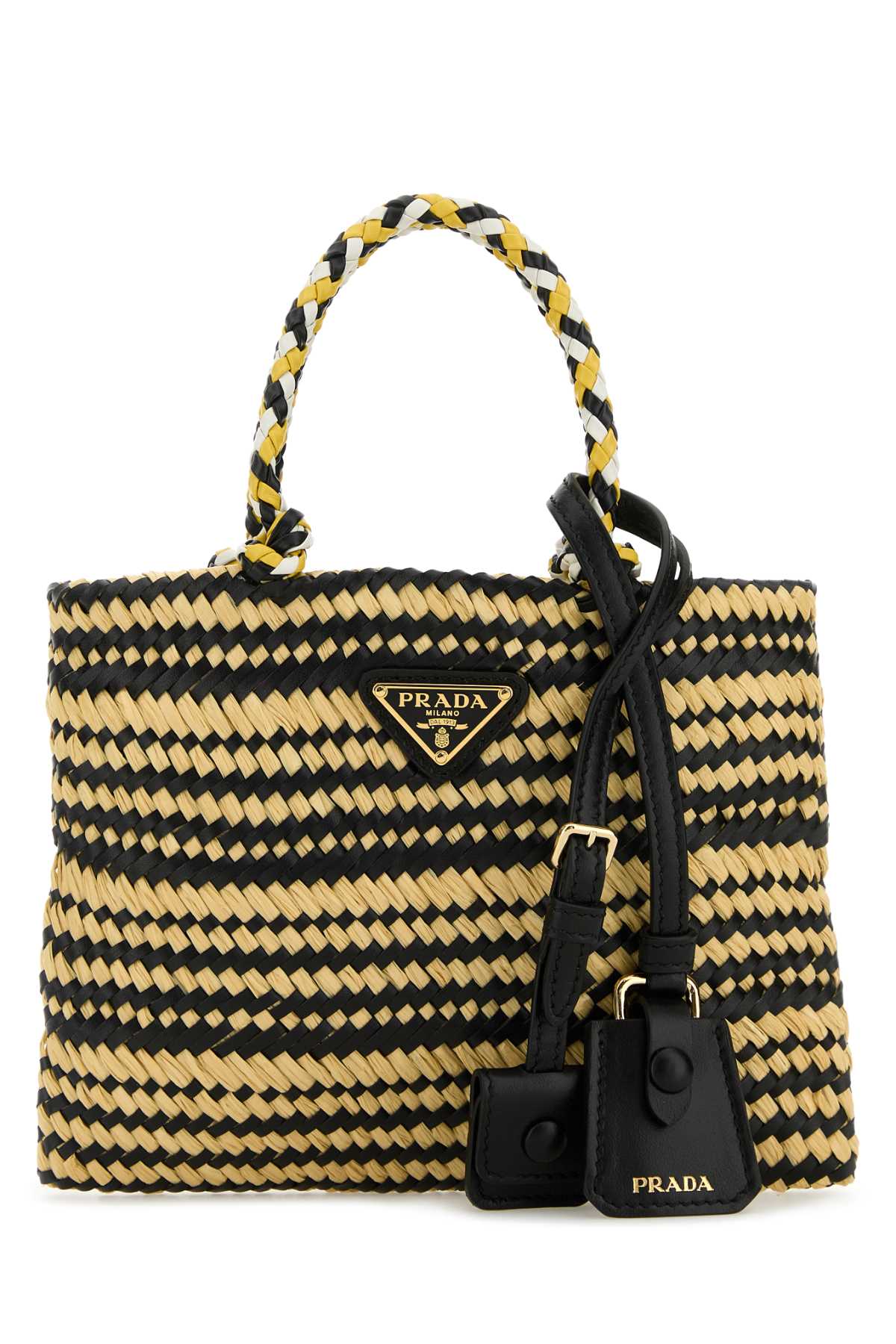 Prada Two-Tone Raffia Handbag Nero+naturale Vi-calfleather Borse A Mano - Women