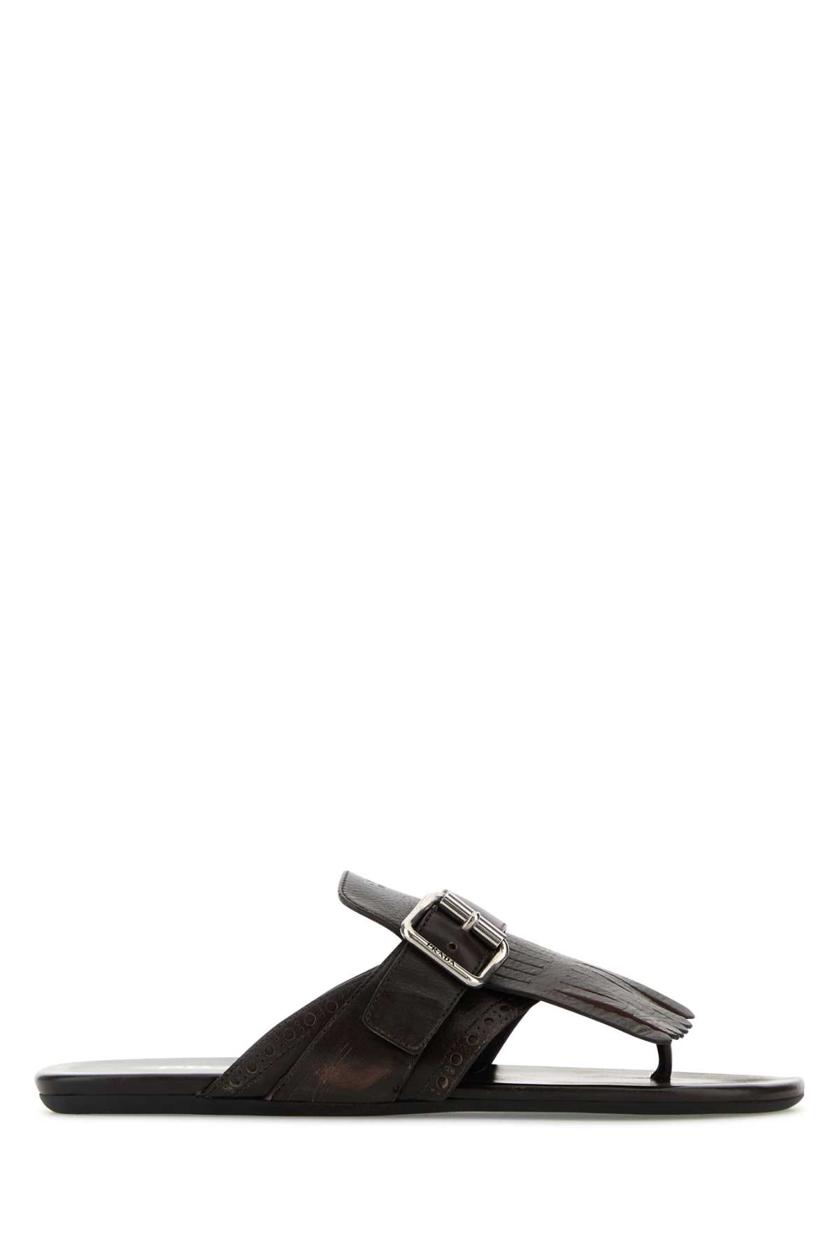 Prada Dark Brown Leather Shuffle Thong Slippers Moro Calfleather – Women