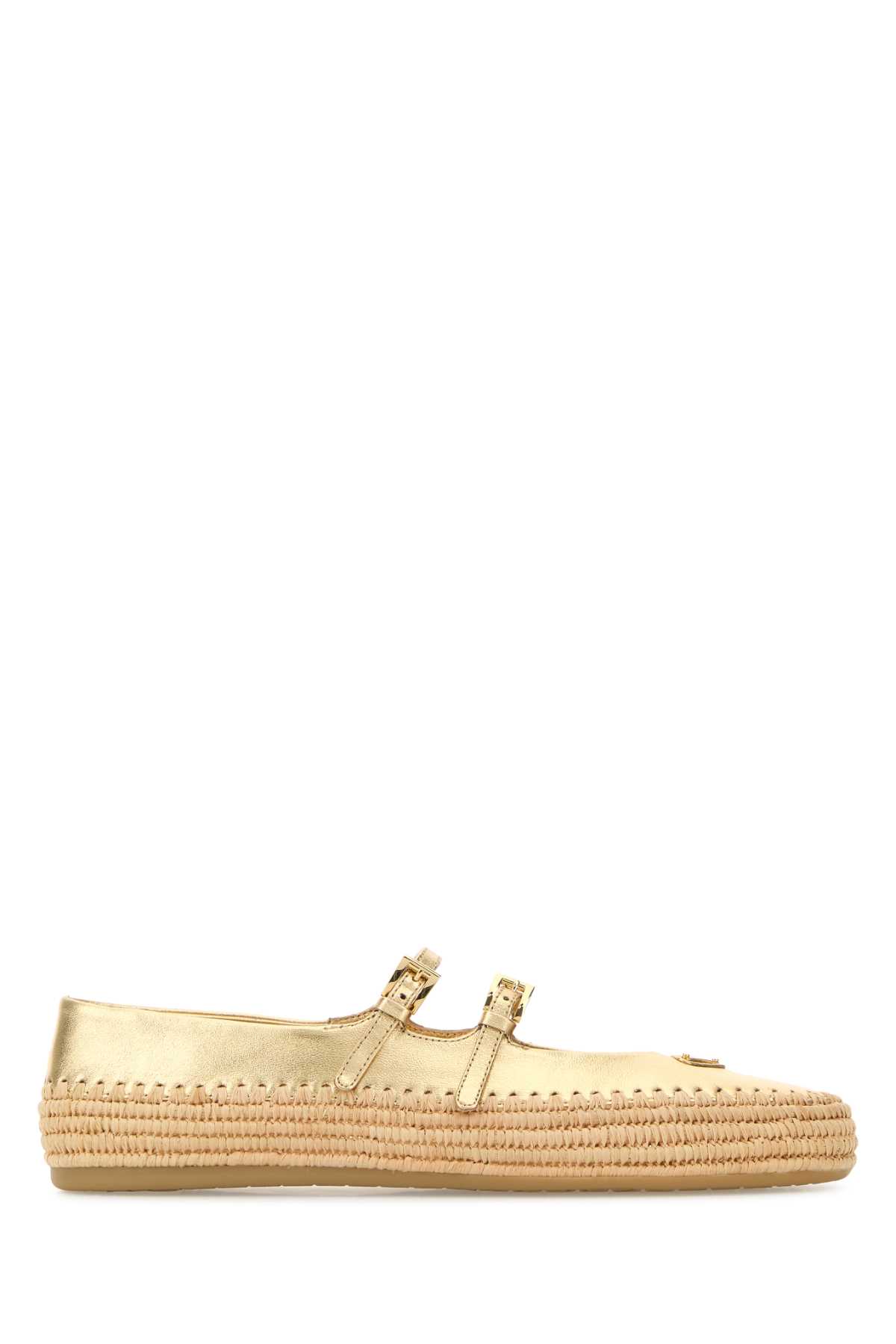 Prada Gold Raffia And Leather Espadrilles Platino Ballerine – Women