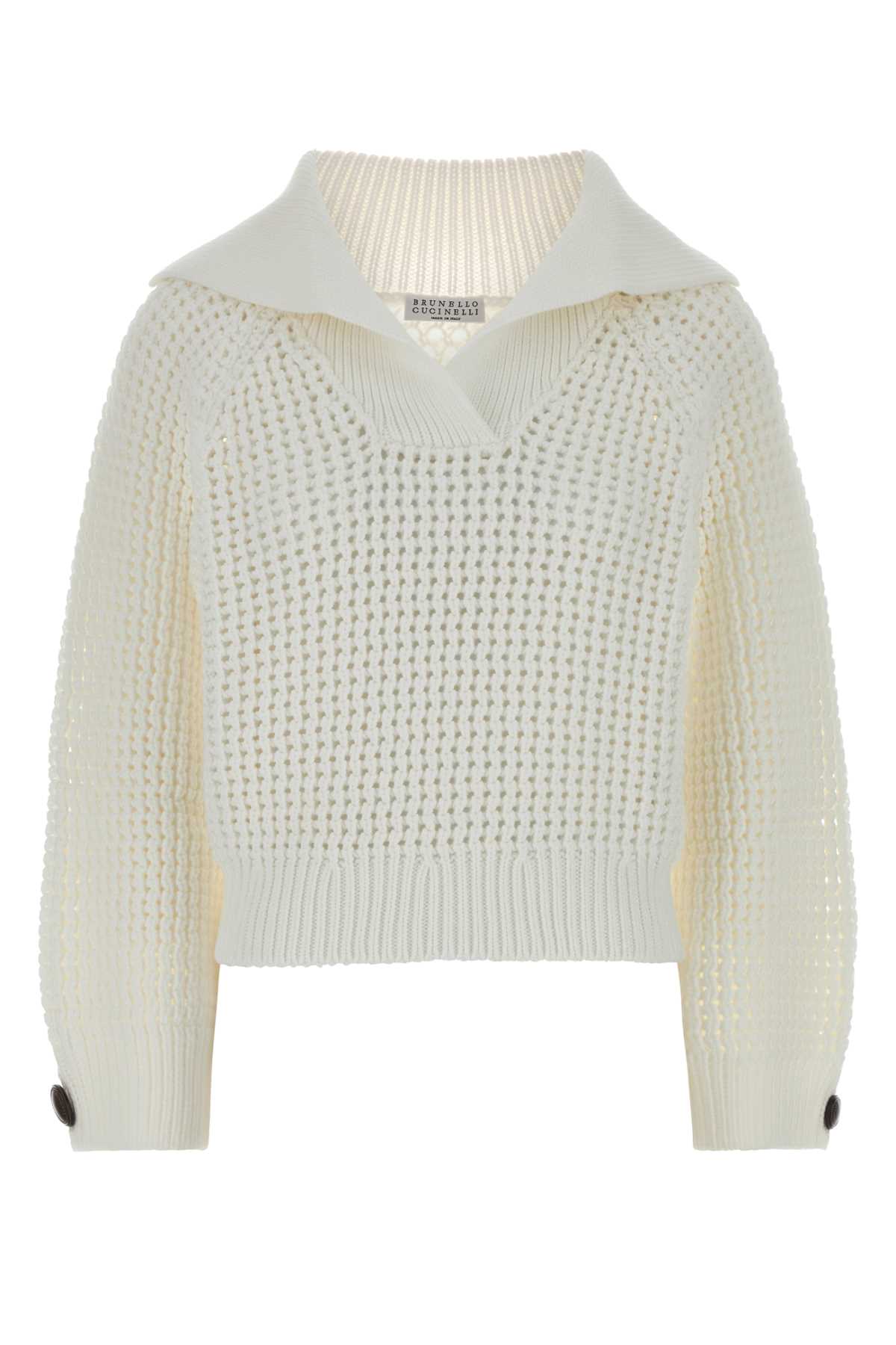 Brunello Cucinelli White Cotton Blend Sweater C2723 Exterior: Nylon Maglieria – Women