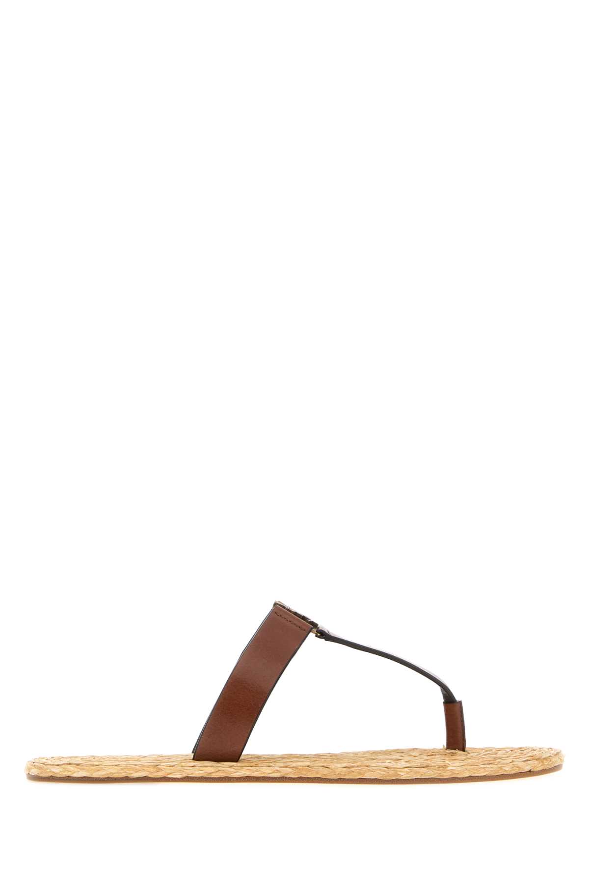 Saint Laurent Brown Leather Babylone Thong Slippers Bruciato – Women